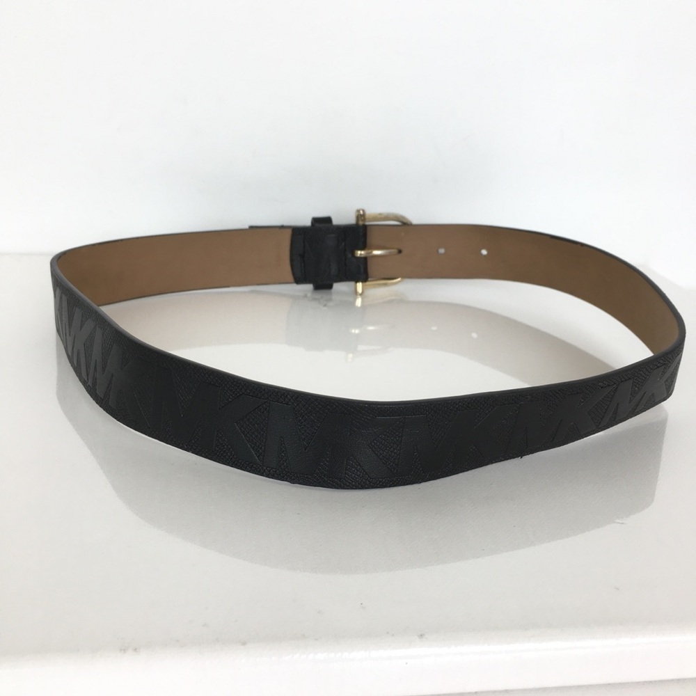 Michael Kors Black Leather Monogram Belt Gold Tone Metal Horseshoe Buckle Size S - Picture 5 of 10